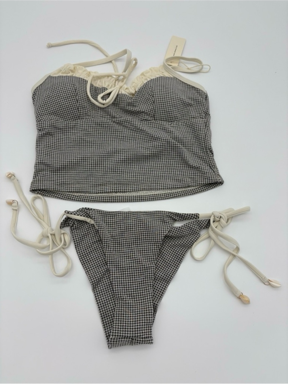 Gingham Two-Piece Tie Swim Set in Black & Cream NWT